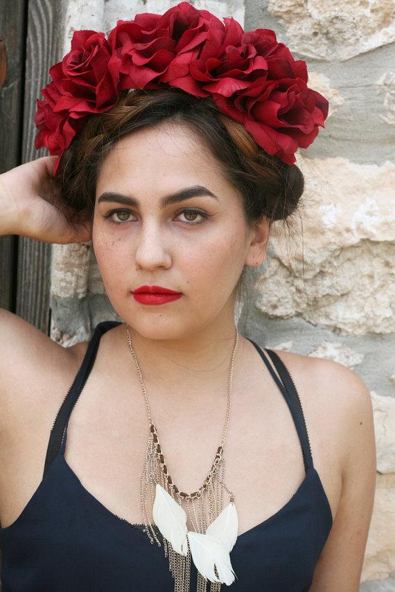 Mariage - Wine Blood Red Rose Flower Crown Headband (Frida Kahlo Lana Del Rey Day of the Dead Mexican Wedding Bridal Music Festival Beach Wedding ACL)