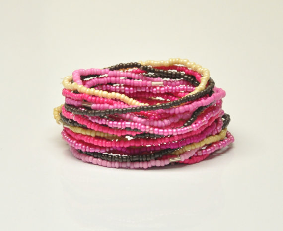 زفاف - Pink Rose Tan Brown multi color stretch bracelet, Set of 20 bracelets, Seed beads bracelet, Statement bracelet, Bridesmaids, Bridal Jewelry