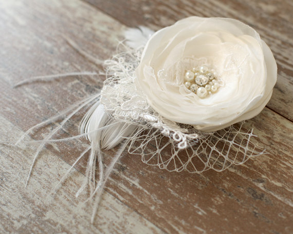 Wedding - Ivory wedding hairpiece flower bridal hair accessories pearls wedding hair fascinator hair clip 3 inch flower, satin, pearl chiffon, feather