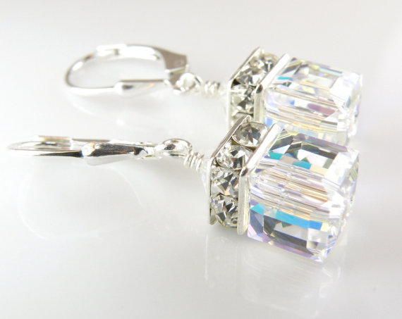 زفاف - Clear Crystal Drop Earrings, Crystal Wedding Jewelry, Bridal Earrings, White Swarovski Crystals Ice Cube Earrings, Sterling Silver, Handmade