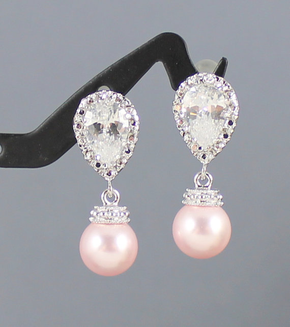 Hochzeit - Pink Pearl Earrings, Wedding Earrings Pearl Jewelry, Cubic Zirconia Posts, Bridal Earrings Rose Pink Wedding Bridesmaid Gift Dangle Earrings