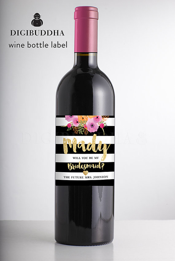 Свадьба - Will You Be My Bridesmaid? WINE LABEL Pink Watercolor Bloom Faux Gold Glitter Glam Personalized Wedding Bachelorette DIY or Printed- Mady