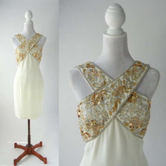Wedding - Vintage Dress, Gold Vintage Dress, 1980s Cocktail Dress, Vintage Bridal Dress, Short Wedding Dress, Evening Dress, Gold Beaded Evening Dress