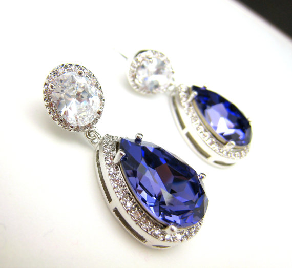 Hochzeit - wedding jewelry bridal jewelry wedding earrings bridal earrings Clear teardrop AAA cubic zirconia and tanzanite crystal on oval cz post