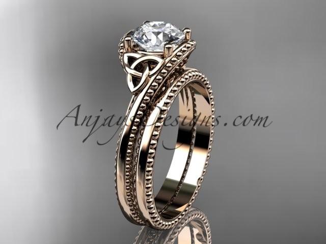 Hochzeit - 14kt rose gold diamond celtic trinity knot wedding ring, engagement set CT7322S