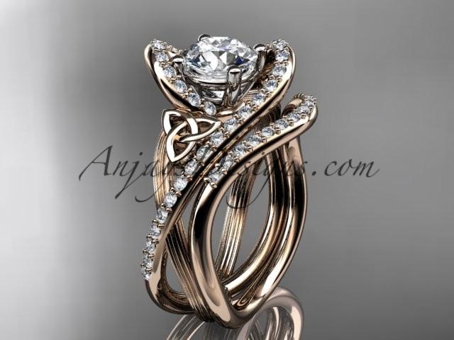 Hochzeit - 14kt rose gold diamond celtic trinity knot wedding ring, engagement set CT7369S