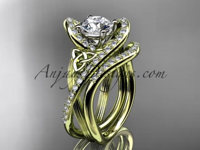 Hochzeit - 14kt yellow gold diamond celtic trinity knot wedding ring, engagement set CT7369S