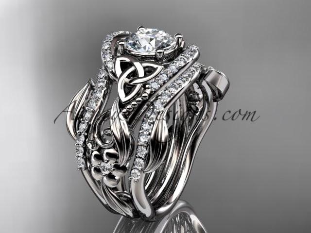 Wedding - platinum diamond celtic trinity knot wedding ring, engagement ring with a double matching band CT7211S