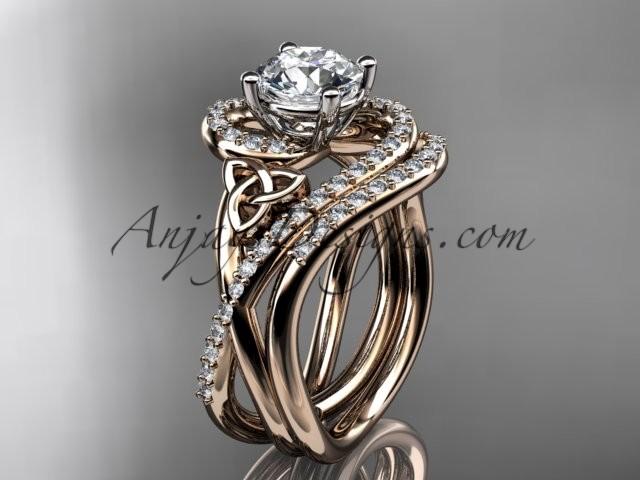 زفاف - 14kt rose gold diamond celtic trinity knot wedding ring, engagement set CT7320S