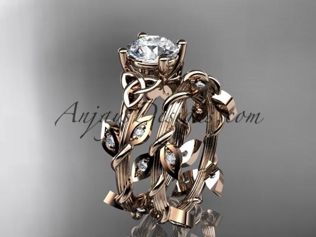 Hochzeit - 14kt rose gold diamond celtic trinity knot wedding ring, engagement set CT7215S