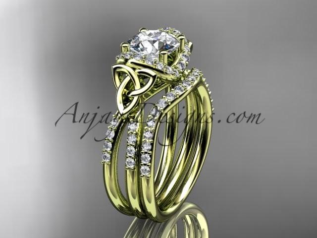 Hochzeit - 14kt yellow gold diamond celtic trinity knot wedding ring, engagement set CT7155S