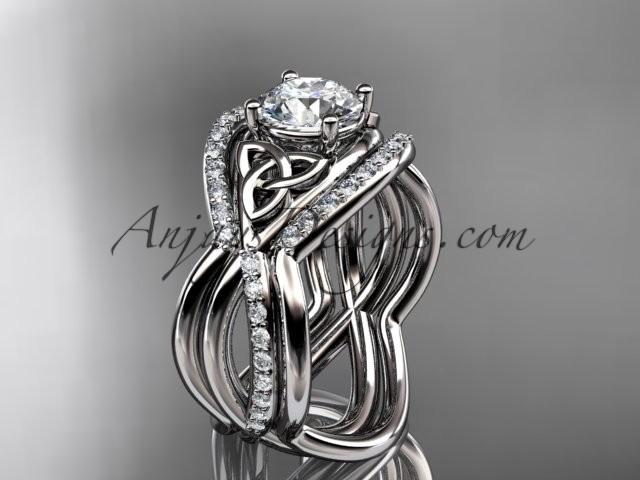Hochzeit - 14kt white gold celtic trinity knot engagement ring, wedding ring with double matching band CT790S