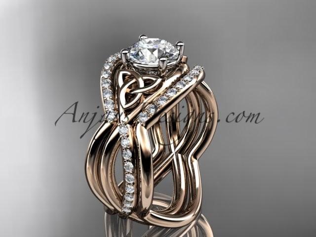 زفاف - 14kt rose gold celtic trinity knot engagement ring, wedding ring with double matching band CT790S
