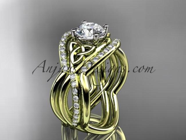 Wedding - 14kt yellow gold celtic trinity knot engagement ring, wedding ring with double matching band CT790S