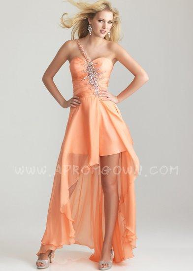 Wedding - Peach Night Moves 6701 One Shoulder High Low Jeweled Prom Dress