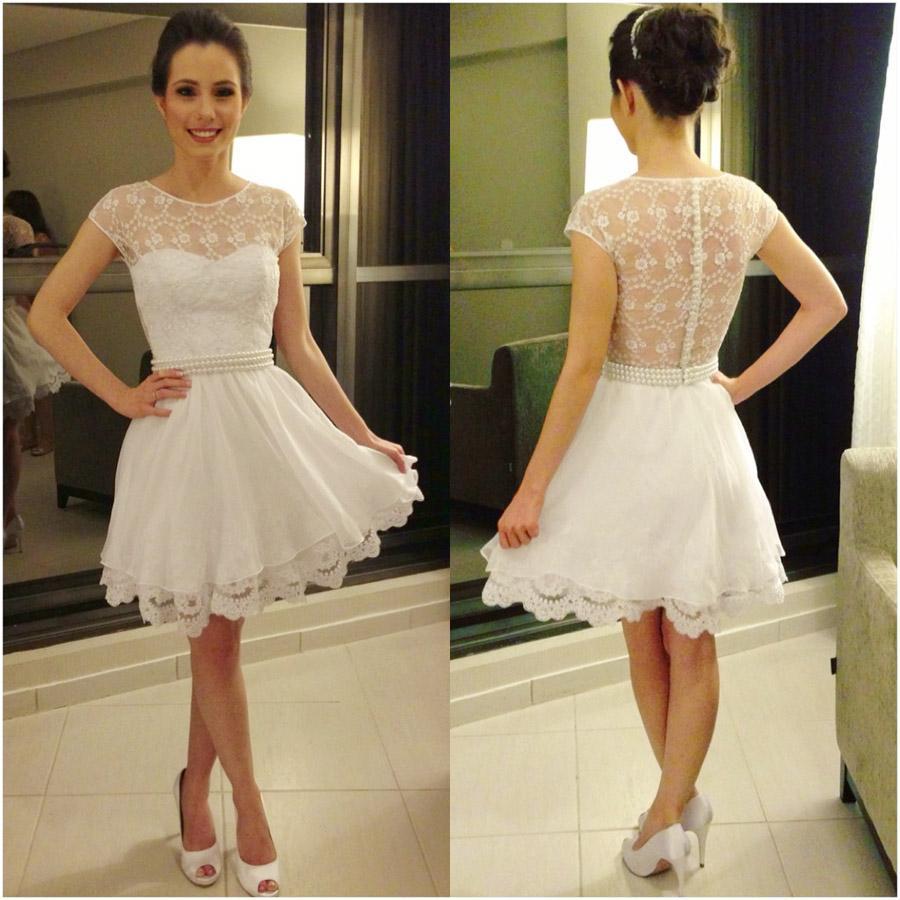 زفاف - 2015 New Vestido Branco Curto Renda Short Lace Dress Chiffon Bridesmaid Dresses Pearls Sash Knee Long Online with $81.6/Piece on Hjklp88's Store 