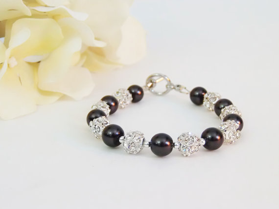 Mariage - Black Pearl Rhinestone Bracelet Bridesmaid Jewelry, Bridal Jewelry, Bridesmaid Gift, Special Occasion Pick Your Own Color