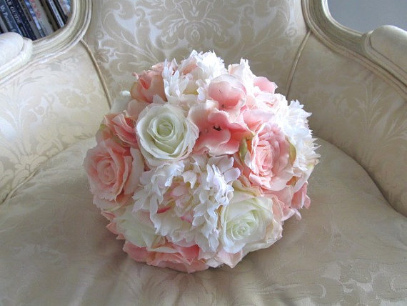Свадьба - Wedding bouquet in blush, pink and ivory silk roses, peonies and hydrangeas- shabby chic bridal bouquet