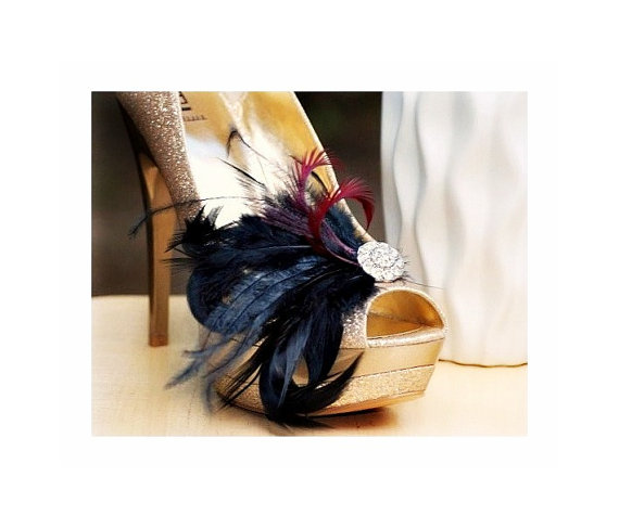 زفاف - Shoe Clips Black Feathers Rhinestone. French Chic Bride Bridal Bridesmaid Couture Wedding. Lush Noir Extravagant Statement Boudoir Burlesque