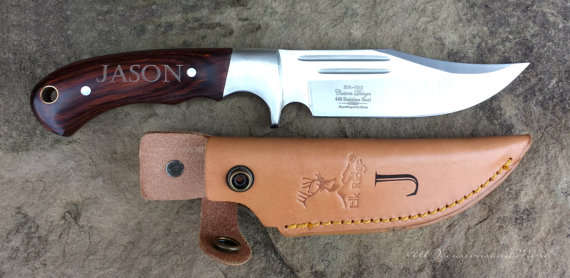 Hochzeit - 1 Personalized Bowie Hunting Knife with Engraved Leather Sheath with name or initials, perfect for Groomsmen gifts, Birthday or Anniversary