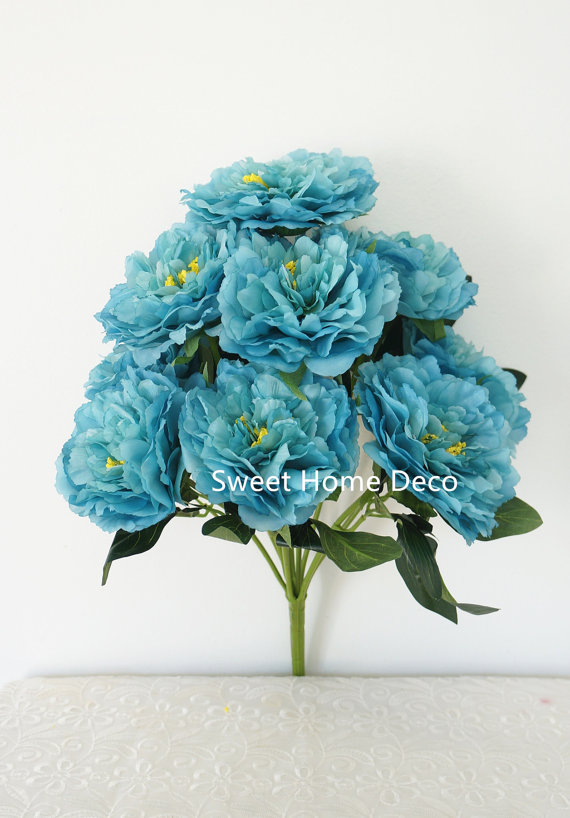 Mariage - JennysFlowerShop 17'' Blooming Silk Peony Bush 9 Flower Heads Ribbon Feeling Super Soft Turquoise