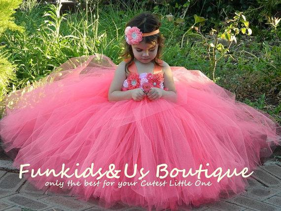 Wedding - Coral Flower Girl Dress with Corals pink Shabby Flowers -Dress Tulle Dress Wedding Dress Birthday Dress Toddler Tutu Dress 1t 2t 3t 4t 5t