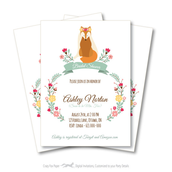 Wedding - Fox Bridal Shower Invitation, DIY Customized Printable, Woodland Shower Invitation, Fox Wedding
