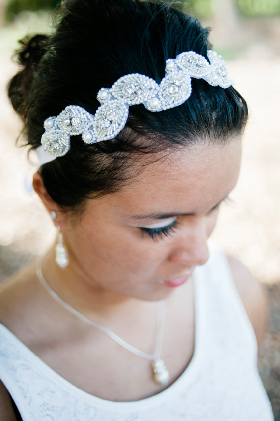 Wedding - headband- Bridal rhinestone headband, wedding hair, crystal  pearls headband - ASHLEY