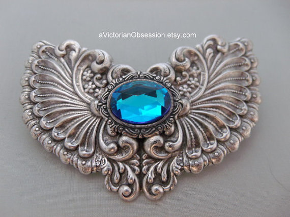 Mariage - Wedding  hair barrette Vintage Victorian style Rhinestone, crystal blue silver bridal accessory
