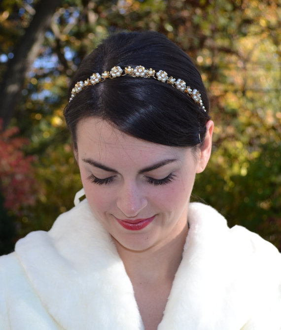 زفاف - Gold Flower and Rhinestone Bridal Headband, Gold Pearl Wedding Hairband, Gold Wedding Head piece