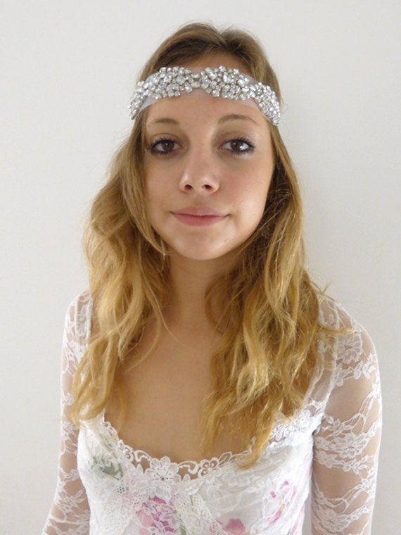 Hochzeit - Rhinestone Headband Grecian Headpiece Wedding Hair Accessory Crystal Headband Vintage Wedding Hair Flower : Cynthia