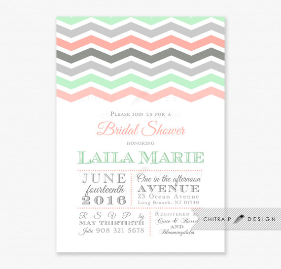 Wedding - Mint & Coral Bridal Shower Invitations - Printed, Grey Taupe Couples Engagement Party Pink Green Chevron Typography Baby Sprinkle Summer