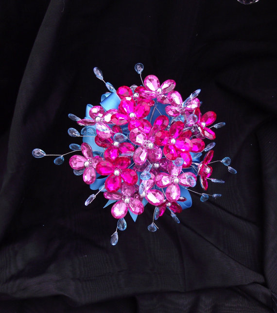 Mariage - hot pink and aqua blue bridesmaid bouquet, fuchsia and turquoise maid of honor bouquet, alternative bouquet, bridesmaid brooch bouuqet