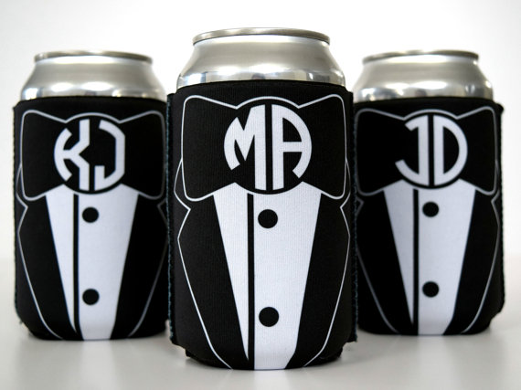 Hochzeit - Monogrammed Groomsmen Koozies - Sharp Dressed Can - Tuxedo Design