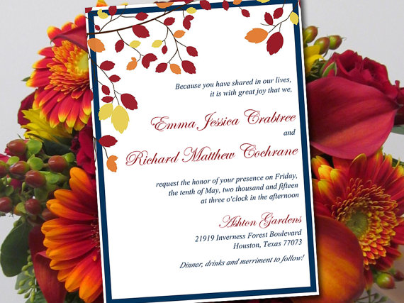 زفاف - Autumn Wedding Invitation Template - "Muskoka" Marine Burgundy Autumn Wedding - Rustic Leaves Invitation - Fall Wedding Invitation Printable