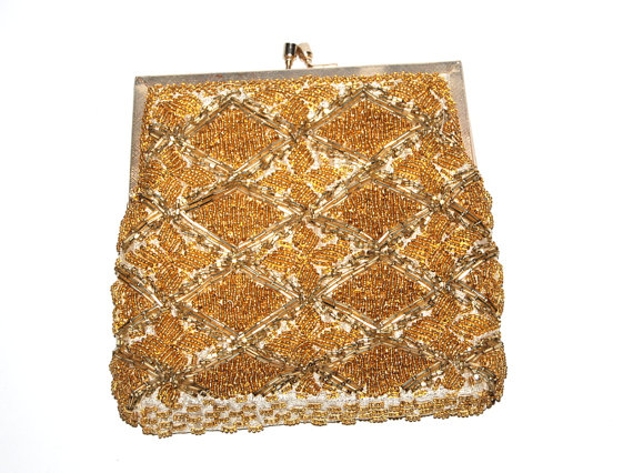 زفاف - 50's vintage gold beaded clutch hand made small evening purse by La Regale wedding party