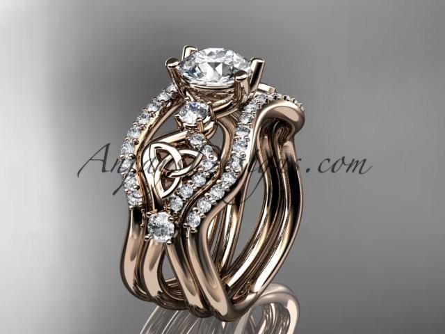 زفاف - 14kt rose gold celtic trinity knot engagement ring, wedding ring with double matching band CT768S