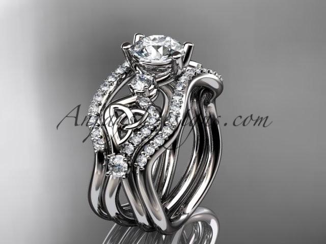 Wedding - 14kt white gold celtic trinity knot engagement ring, wedding ring with double matching band CT768S