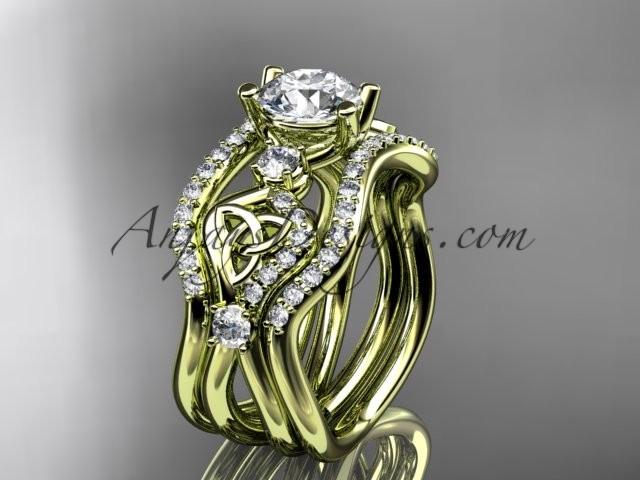 Wedding - 14kt yellow gold celtic trinity knot engagement ring, wedding ring with double matching band CT768S