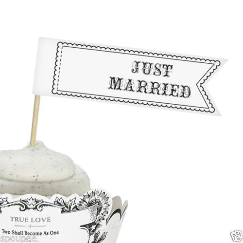 Hochzeit - 12 Cupcake Picks Wedding Just Married Decoration Wedding Cake Black White Favour