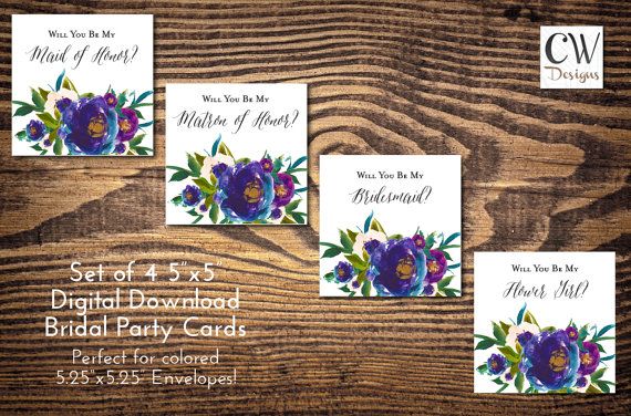 Hochzeit - Purple/Blue Oil Paint Will You Be My Bridesmaids / Will You Be My Maid Of Honor Cards / Set Of 3 5"x5"