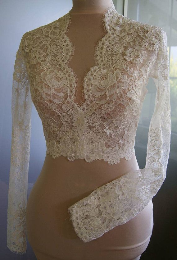 زفاف - Wedding Bolero-jacket With Lace, Long Sleeve, 3/4 Sleeve, Alencon . Unique Beautiful, Romantic Wedding Jacket- Bolero PEARL 2