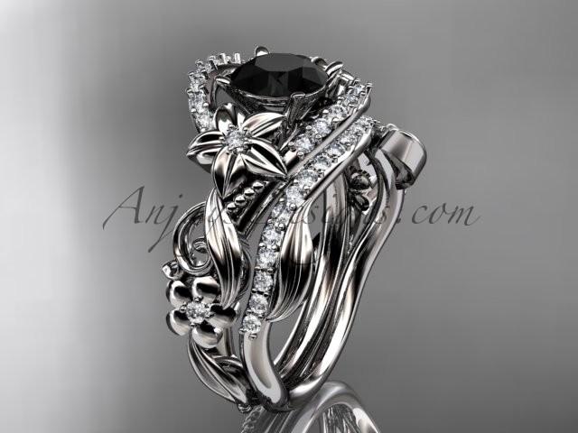زفاف - Platinum diamond unique flower, leaf and vine engagement set with a Black Diamond center stone ADLR211