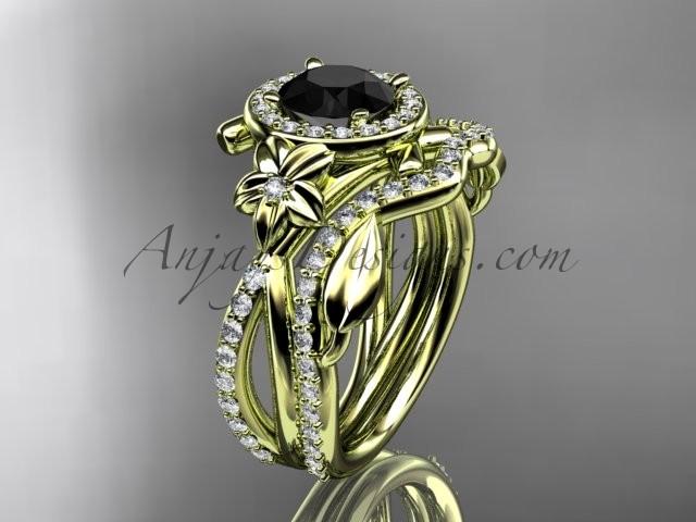 زفاف - 14kt yellow gold diamond leaf and vine, flower engagement set, wedding set, with a Black Diamond center stone ADLR89S