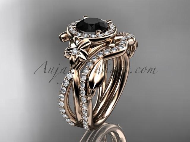 زفاف - 14kt rose gold diamond leaf and vine, flower engagement set, wedding set, with a Black Diamond center stone ADLR89S