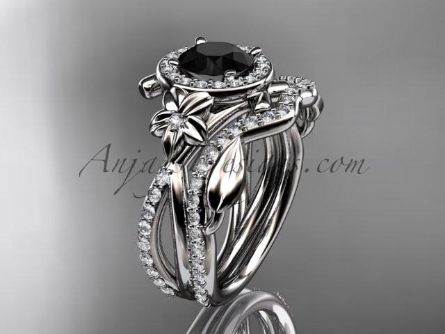 زفاف - 14kt white gold diamond leaf and vine, flower engagement set, wedding set, with a Black Diamond center stone ADLR89S
