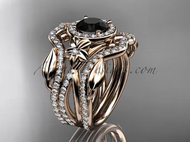 زفاف - 14kt rose gold diamond leaf and vine, flower engagement ring, wedding ring, with Black Diamond center stone and double matching band ADLR89S