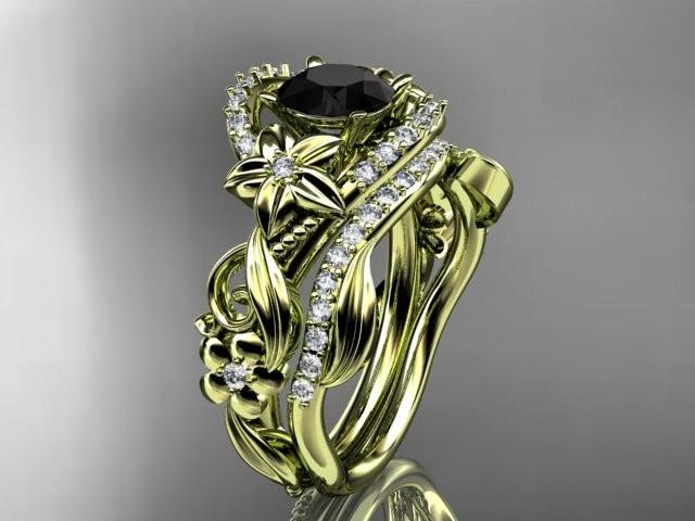 Свадьба - 14kt yellow gold diamond unique flower, leaf and vine engagement set with a Black Diamond center stone ADLR211