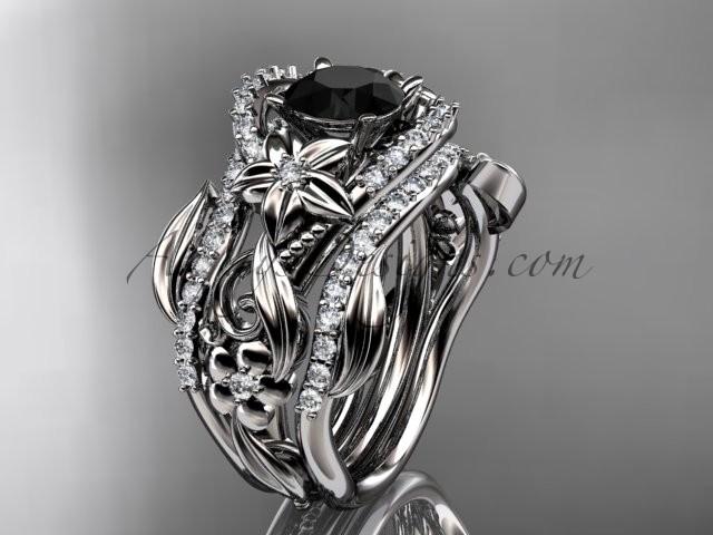Wedding - Platinum diamond leaf and vine engagement ring with Black Diamond center stone and double matching band ADLR211