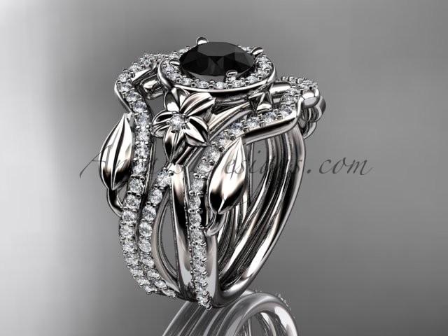 Hochzeit - Platinum diamond leaf and vine, flower engagement ring, wedding ring, with Black Diamond center stone and double matching band ADLR89S